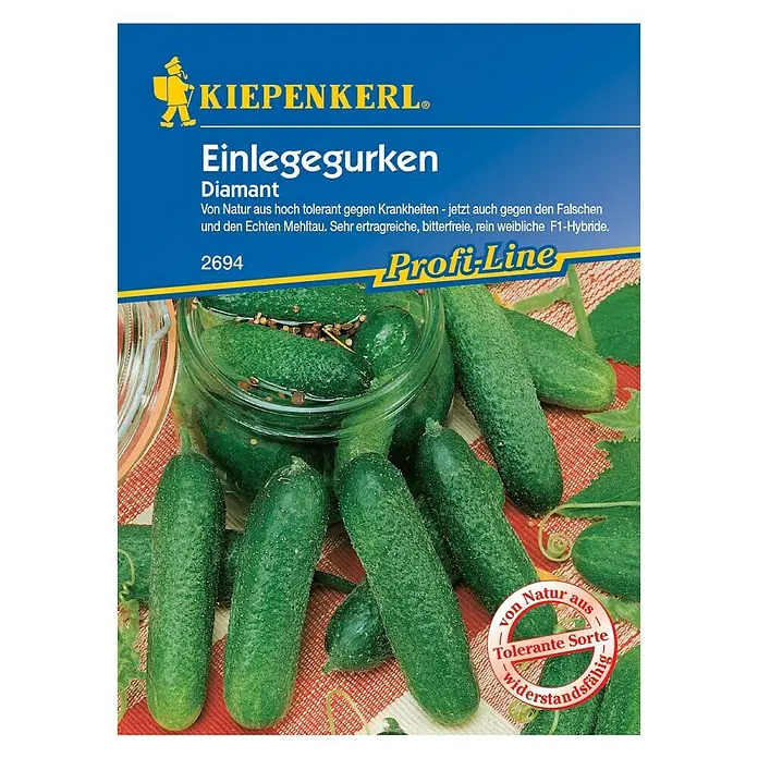 Kiepenkerl Profi-Line Gemüsesamen Einlegegurke - Diamant, Cucumis sativus, Erntezeit: Juli - Bild einer Saatguttüte für "Kiepenkerl Einlegegurken Diamant". Die Gurken sind knackig grün und ideal zum Einlegen.