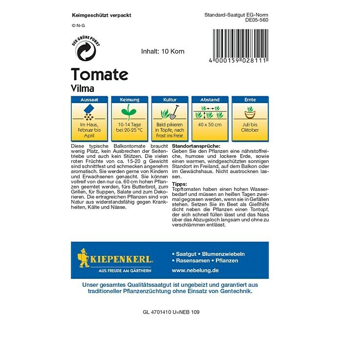 Kiepenkerl Profi-Line Gemüsesamen TomateVilma, Solanum lycopersicum, Erntezeit: Juli - Oktober Back View