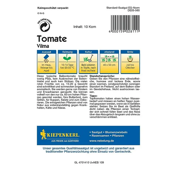 Kiepenkerl Profi-Line Gemüsesamen Tomate - Vilma, Solanum lycopersicum, Erntezeit: Juli - Ein Samenpäckchen der Tomatensorte Vilma, ideal für den Anbau auf dem Balkon, mit 10 Korn Inhalt und Anweisungen.