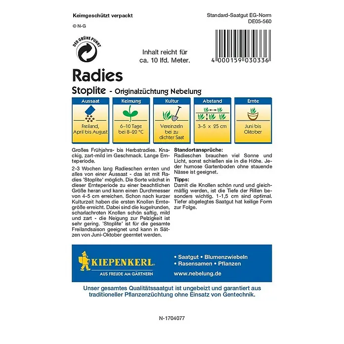 Kiepenkerl Profi-Line Gemüsesamen Radieschen - Stoplite, Raphanus sativus var. sativus, Erntezeit: Juni - Radieschen 'Stoplite' Saatgutpackung mit Anweisungen zu Aussaat, Keimung, Kultur, Abstand und Ernte für knackige, milde Radieschen.