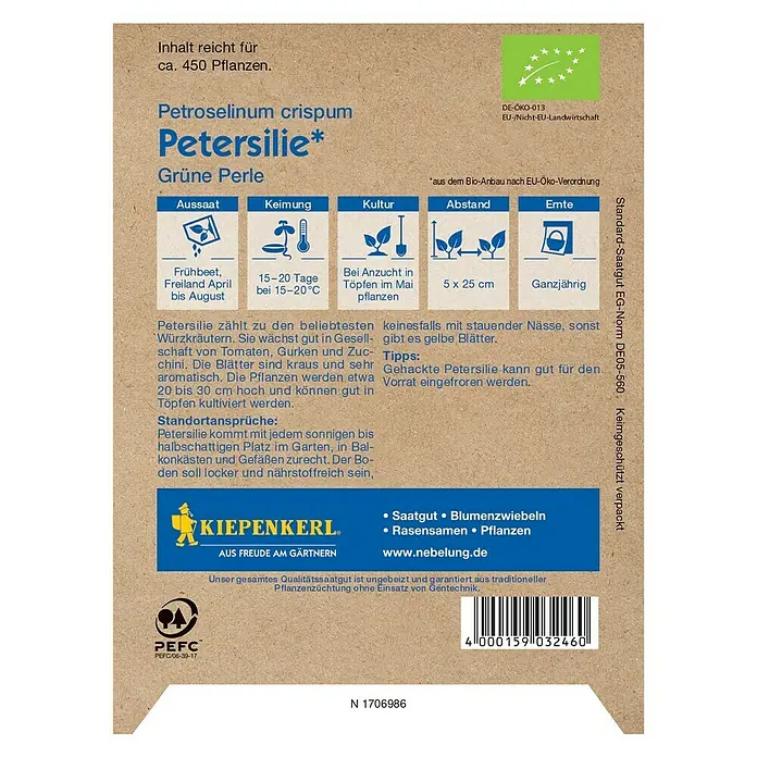 Kiepenkerl Profi-Line Kräutersamen Petersilie - Bio Kraus, Petroselinum crispum var. crispum, Saatzeit: April, Erntezeit: Ganzjährig - Abbildung der Kiepenkerl Petersilie Grüne Perle Samenpackung mit Anbauhinweisen.
