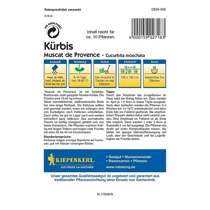 Kiepenkerl Profi-Line Gemüsesamen Kürbis - Muscat de Provence, Cucurbita maxima, Erntezeit: September - Bild einer Samentüte für 'Muscat de Provence' Kürbisse (Cucurbita moschata), mit Informationen zu Anbau und Ernte.