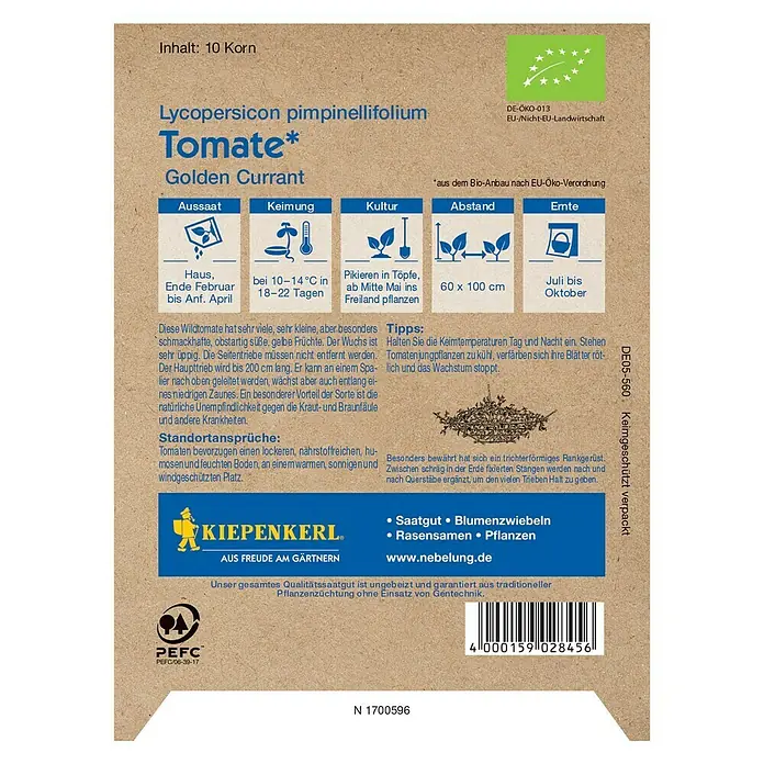 Kiepenkerl Profi-Line Gemüsesamen Tomate - Bio Wildtomate Gelb, Solanum pimpinellifolium, Erntezeit: Juli - Abbildung des Kiepenkerl Saatguts 'Golden Currant Tomate', einer Wildtomatensorte mit kleinen, süßen Früchten für den Bio-Anbau.