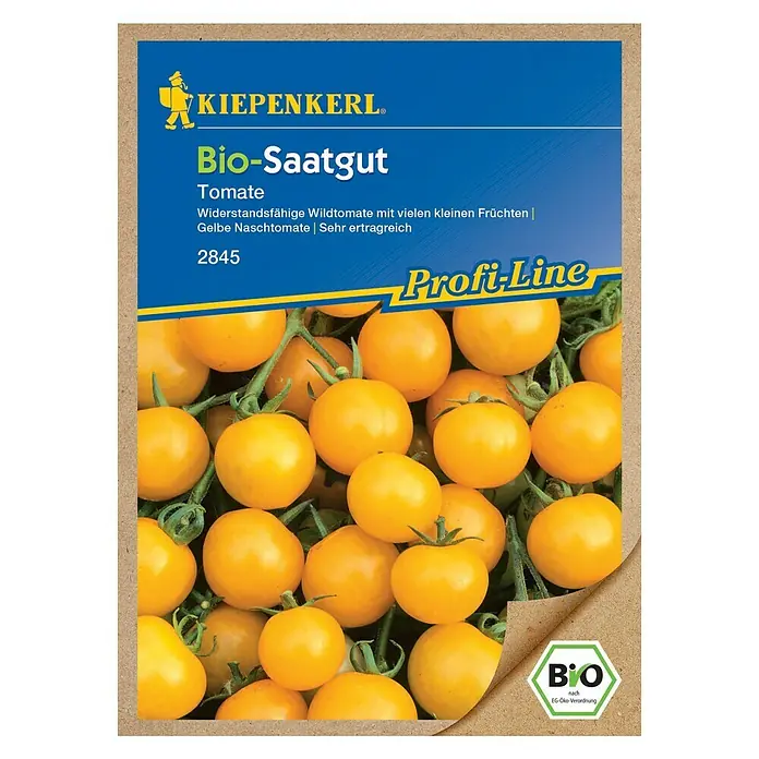Kiepenkerl Profi-Line Gemüsesamen Tomate - Bio Wildtomate Gelb, Solanum pimpinellifolium, Erntezeit: Juli - Bild einer Kiepenkerl Bio-Saatgutpackung mit gelben Naschtomaten, die widerstandsfähig und ertragreich sind.