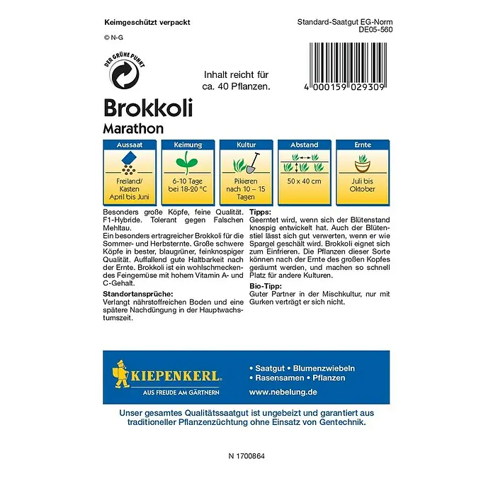 Kiepenkerl Profi-Line Gemüsesamen Brokkoli Marathon - Brassica oleracea var. italica, Erntezeit: Juli - Abbildung der Brokkoli-Marathon-Samenpackung von Kiepenkerl, die ertragreiche Ernte und einfache Kulturanleitung verspricht.