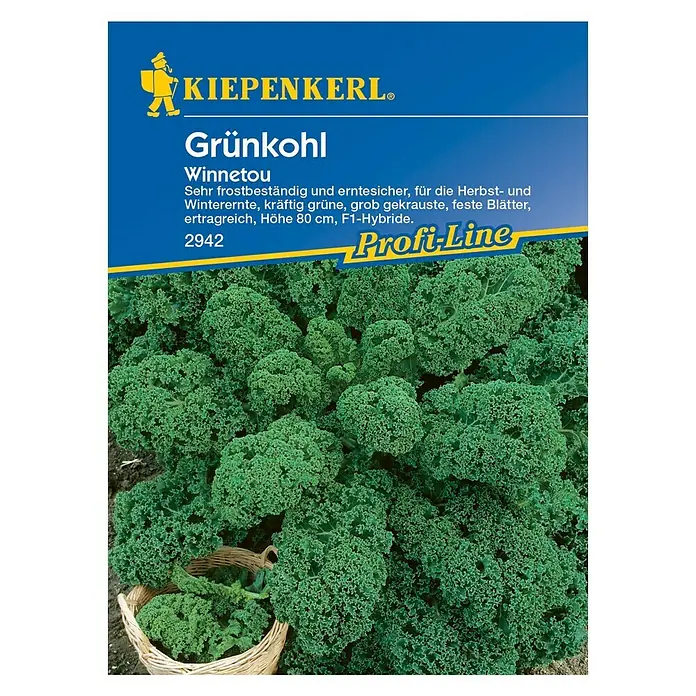 Kiepenkerl Profi-Line Gemüsesamen Grünkohl Winnetou - Brassica oleracea var. sabellica, Erntezeit: Oktober - Bild der Samenpackung „Grünkohl Winnetou“ von Kiepenkerl mit frischem, grünem Grünkohl im Vordergrund.