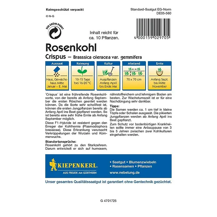 Kiepenkerl Profi-Line Gemüsesamen Rosenkohl Crispus - Brassica oleracea var. gemmifera, Erntezeit: September - Abbildung einer Saatguttüte für Rosenkohl Crispus. Informationen zu Aussaat, Keimung, Kultur, Abstand und Ernte sind enthalten.