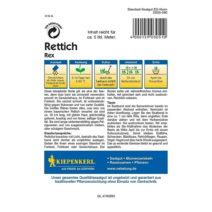 Kiepenkerl Profi-Line Gemüsesamen Rettich - Rex - Saatband, Raphanus sativus var. longipinnatus, Erntezeit: April - Abbildung einer Saatguttüte für Rettich Rex, geeignet für Gewächshaus und Freiland, mit Infos zu Aussaat, Keimung, Kultur, Abstand und Ernte.