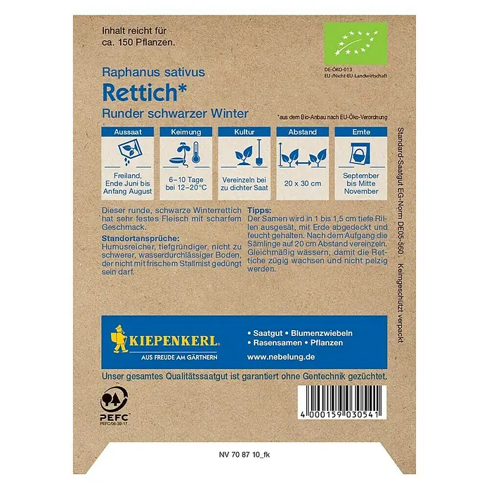 Kiepenkerl Profi-Line Gemüsesamen Rettich - Bio Winterrettich, Raphanus sativus, Erntezeit: September - Samentüte mit Informationen zum schwarzen Winterrettich 'Rettich' der Marke Kiepenkerl.