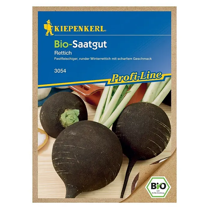 Kiepenkerl Profi-Line Gemüsesamen Rettich - Bio Winterrettich, Raphanus sativus, Erntezeit: September - Das Bild zeigt eine Packung Bio-Saatgut für Rettich, eine Sorte mit festem Fleisch und scharfem Geschmack, von Kiepenkerl.