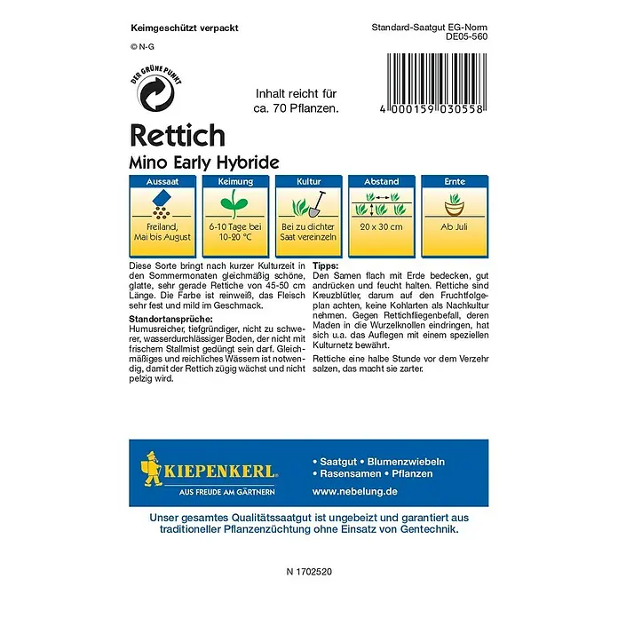 Kiepenkerl Profi-Line Gemüsesamen Rettich - Mino Early, Raphanus sativus var. longipinnatus, Erntezeit: Juli - Abbildung einer Saatguttüte von 'Rettich Mino Early Hybride' mit Informationen zu Anbau, Keimung, Kultur, Abstand und Ernte.
