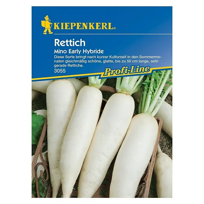 Kiepenkerl Profi-Line Gemüsesamen Rettich - Mino Early, Raphanus sativus var. longipinnatus, Erntezeit: Juli - Abbildung der Saatgutpackung für "KIEPENKERL Rettich Mino Early Hybride", ein schnell wachsender, glatter Rettich für den Sommer.