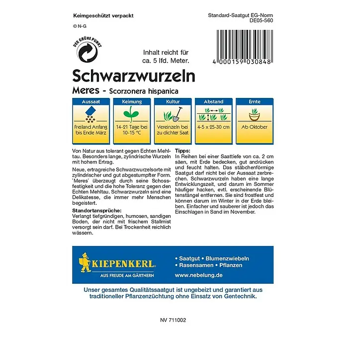 Kiepenkerl Profi-Line Gemüsesamen Schwarzwurzel - Scorzonera hispanica, Erntezeit: Oktober - Abbildung der Schwarzwurzeln 'Meres' Samenpackung von Kiepenkerl, ideal für den Anbau von ertragreichen, mehltauresistenten Schwarzwurzeln.