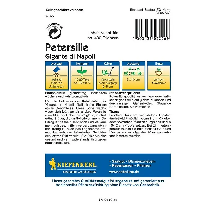 Kiepenkerl Profi-Line Kräutersamen Petersilie - Gigante di Napoli, Petroselinum crispum var. neapolitanum, Saatzeit: März, Erntezeit: Juni - Bild einer Samenpackung für Petersilie Gigante di Napoli, ideal für den Kräutergarten, mit Hinweisen zu Aussaat, Keimung und Ernte.
