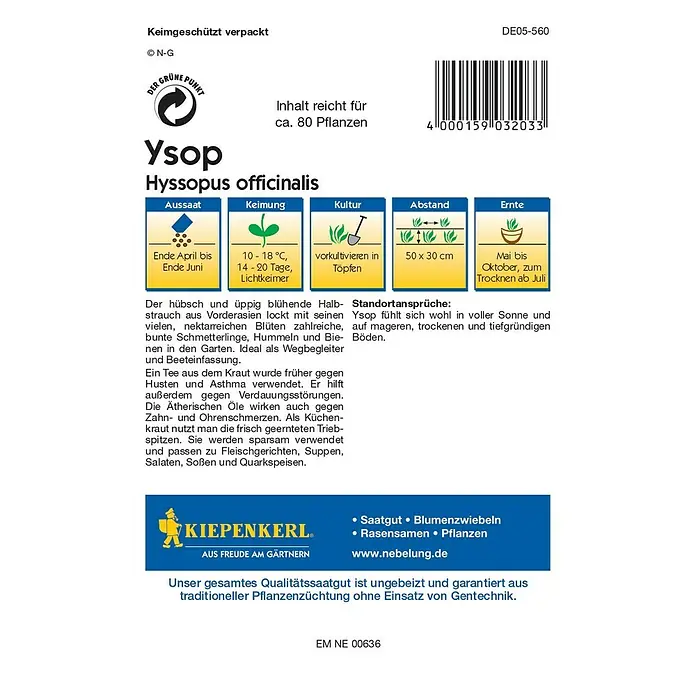 Kiepenkerl Kräutersamen Ysop - Hyssopus officinalis, Saatzeit: April, Erntezeit: Mai - Bild der Ysop-Samenpackung von Kiepenkerl, ideal für ca. 80 Pflanzen. Aussaat von Ende April bis Ende Juni.