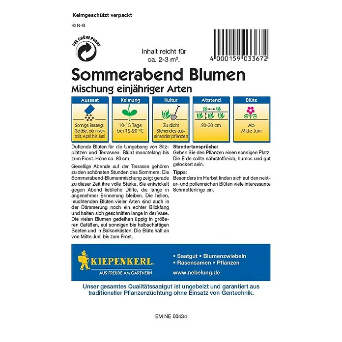 Kiepenkerl Profi-Line Blumensamen Sommerabend Blumen - Verschiedene Sorten, Mehrfarbig, 2 m² - 3 m² - Produktbild der "Sommerabend Blumen" Mischung einjähriger Arten von Kiepenkerl, mit Informationen zu Aussaat, Keimung, Kultur und Blütezeit.