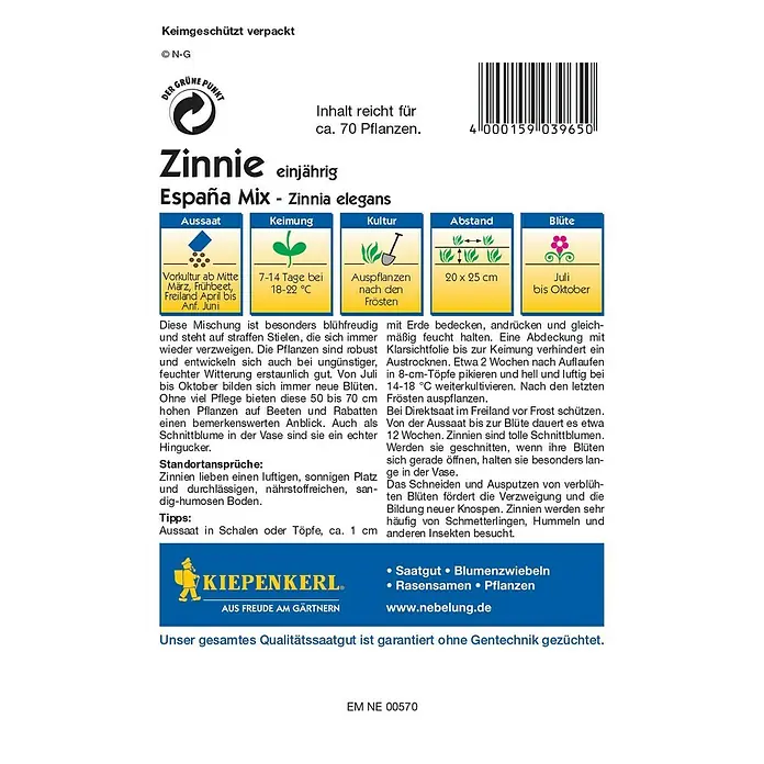 Kiepenkerl Profi-Line Blumensamen Zinnie - Zinnia elegans, España Mix - Abbildung der Samenpackung Zinnie 'España Mix', einer einjährigen, farbenfrohen Zinnienmischung für Beet und Vase.