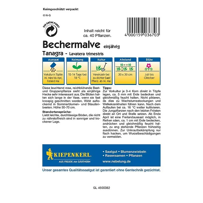 Kiepenkerl Profi-Line Blumensamen Bechermalve Tangara Pink - Lavatera trimestris, Rose - Abbildung der Samenpackung für Bechermalve Tanagra-Lavatera trimestris, einjährig, mit Anweisungen zu Aussaat, Pflege und Blütezeit.
