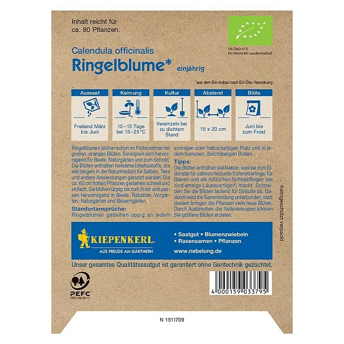 Kiepenkerl Profi-Line Blumensamen Ringelblume - Calendula officinalis, Bio, Blütezeit: Juni - Abbildung einer Ringelblumen-Samenpackung von Kiepenkerl mit Informationen zu Anbau, Pflege und Ernte der Calendula officinalis.