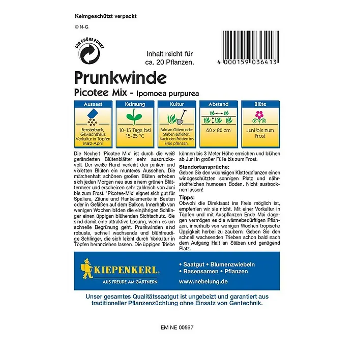 Kiepenkerl Profi-Line Blumensamen Prunkwinde - Ipomoea purpurea, Picotee Mix, Blütezeit: Juni - Saatgutpackung für Prunkwinde Picotee Mix – Ipomoea purpurea, ideal für farbenfrohe Blüten.