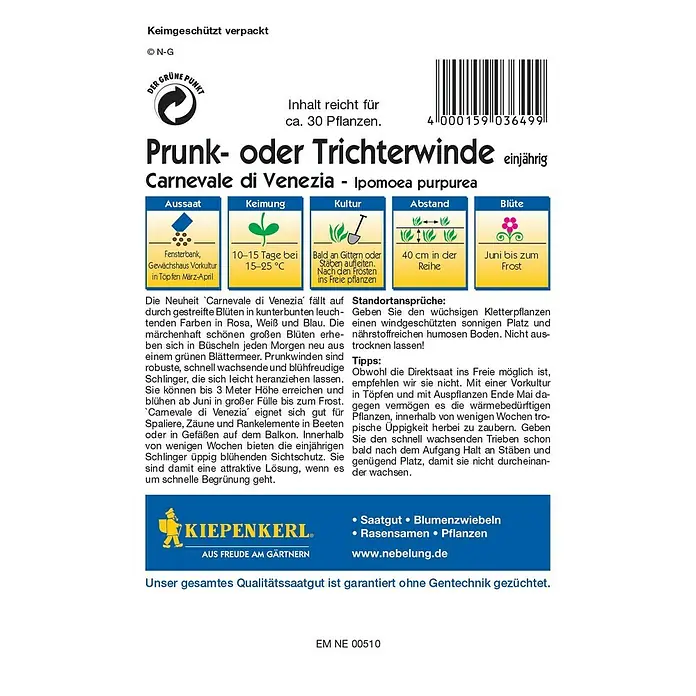 Kiepenkerl Profi-Line Blumensamen Trichterwinde - Ipomoea purpurea, Mehrfarbig - Produktbild: Prunk- oder Trichterwinde 'Carnevale di Venezia' - einjährig, für farbenfrohe Blumenpracht im Garten.