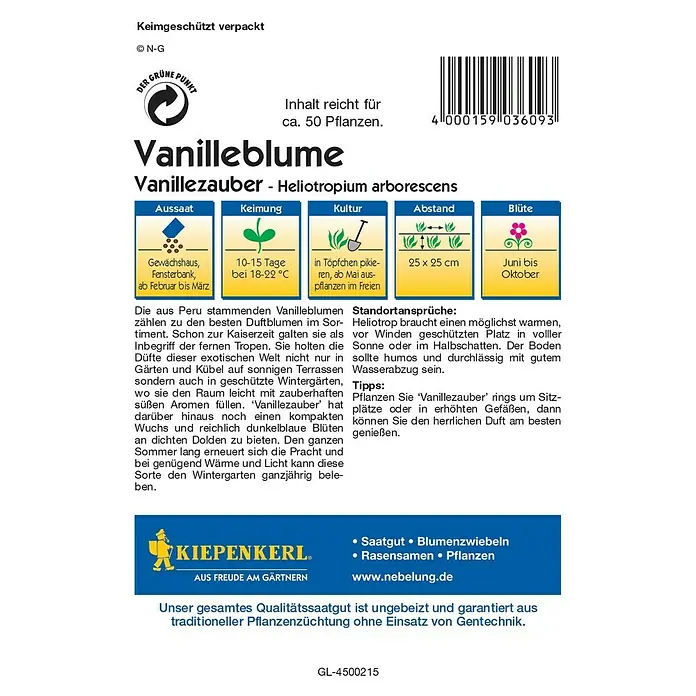 Kiepenkerl Profi-Line Blumensamen Vanilleblume - Heliotropium arborescens, Lila - Packung Vanilleblume 'Vanillezauber' (Heliotropium arborescens) Samen. Informationen zu Aussaat, Keimung, Standort und Pflege.