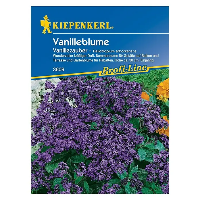Kiepenkerl Profi-Line Blumensamen Vanilleblume - Heliotropium arborescens, Lila - Bild einer Kiepenkerl Vanilleblume-Samentüte, die die duftende Heliotropium arborescens Sommerblume zeigt.