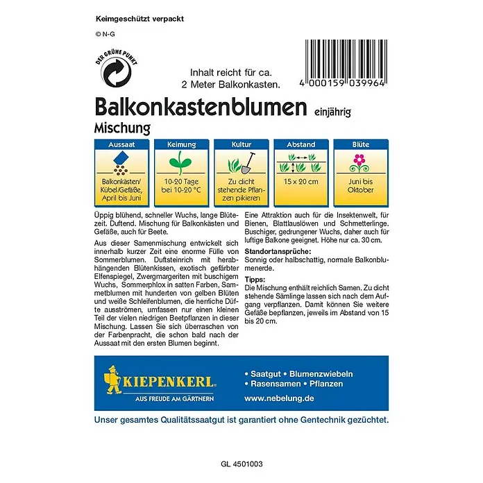 Kiepenkerl Profi-Line Blumensamen Balkonkastenmischung - Verschiedene Sorten, Mehrfarbig - Abbildung einer Samenpackung Kiepenkerl Balkonkastenblumen Mischung, die eine einjährige Blumenmischung für den Balkonkasten enthält.