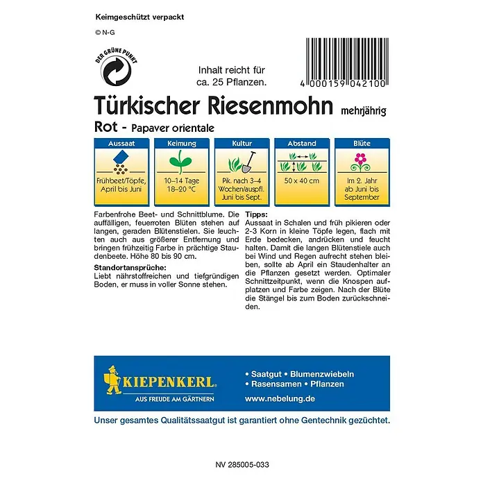 Kiepenkerl Profi-Line Blumensamen Türkischer Riesemohn - Papaver orientale, Rot - Türkischer Riesenmohn 'Rot - Papaver orientale' Samenpackung mit Aussaat-, Keimungs-, Kultur-, Abstands- und Blütezeitinformationen.
