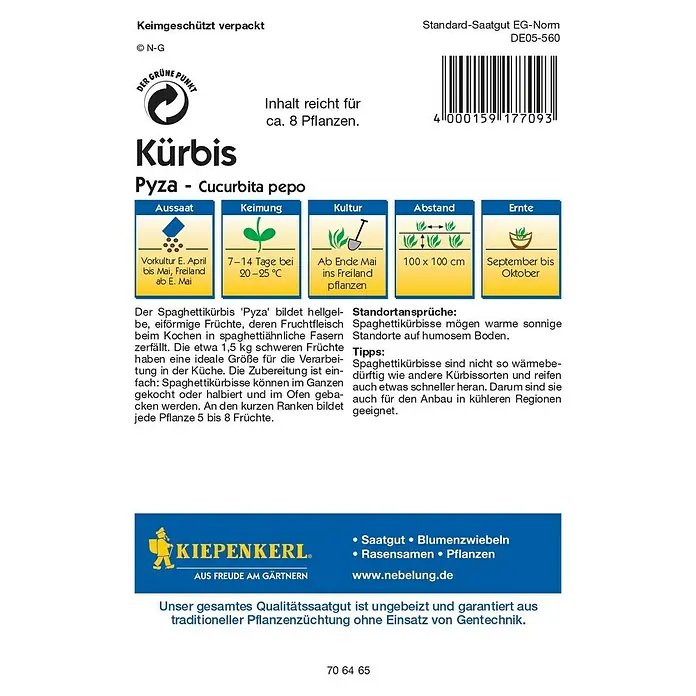 Kiepenkerl Profi-Line Gemüsesamen Kürbis - Pyza, Cucurbita pepo, Erntezeit: September - Samentüte für Kürbis Pyza, ideal für den Anbau im eigenen Garten. Die Sorte liefert bis zu 8 Pflanzen mit leckeren Früchten.
