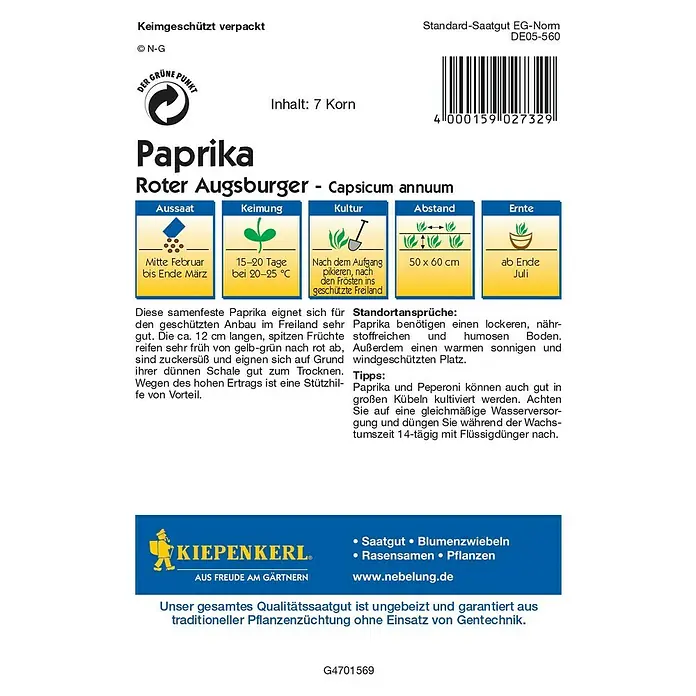 Kiepenkerl Profi-Line Gemüsesamen Spitzpaprika - Roter Augsburger, Capsicum annuum, Erntezeit: Juli - Abbildung der Paprika Roter Augsburger-Samenpackung, die Keimanweisungen und Produktinformationen hervorhebt.
