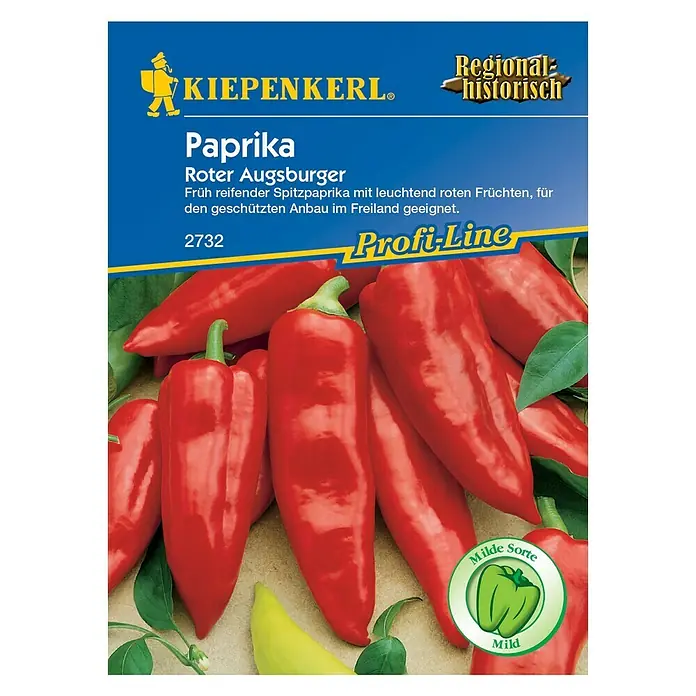 Kiepenkerl Profi-Line Gemüsesamen Spitzpaprika - Roter Augsburger, Capsicum annuum, Erntezeit: Juli - Samenpackung für 'Roter Augsburger' Paprika, eine frühreife Spitzpaprika mit leuchtend roten Früchten, ideal für den Anbau im Freien.