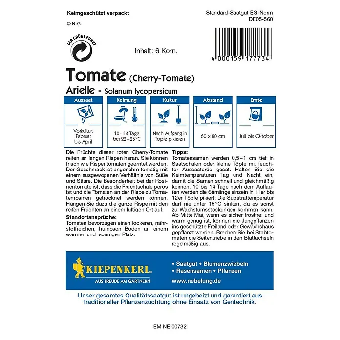 Kiepenkerl Profi-Line Gemüsesamen Tomate - Arielle, Solanum lycopersicum, Erntezeit: Juli - Abbildung der Verpackung von Arielle Cherry-Tomatensamen von Kiepenkerl, ideal für den Anbau im eigenen Garten.