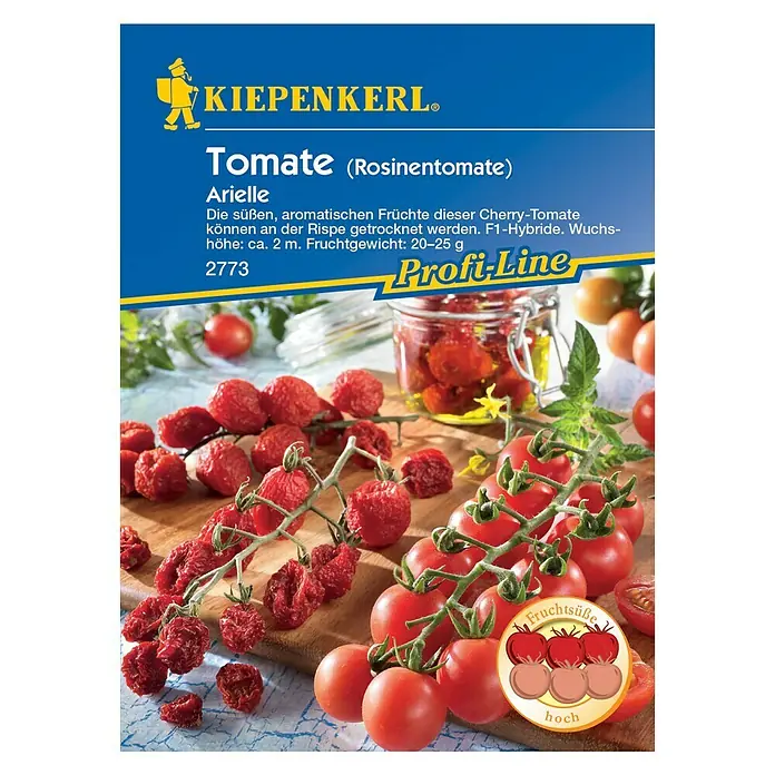 Kiepenkerl Profi-Line Gemüsesamen Tomate - Arielle, Solanum lycopersicum, Erntezeit: Juli - Abbildung der Samenpackung "Arielle" Rosinentomate von Kiepenkerl, eine Cherry-Tomate, die an der Rispe getrocknet werden kann.