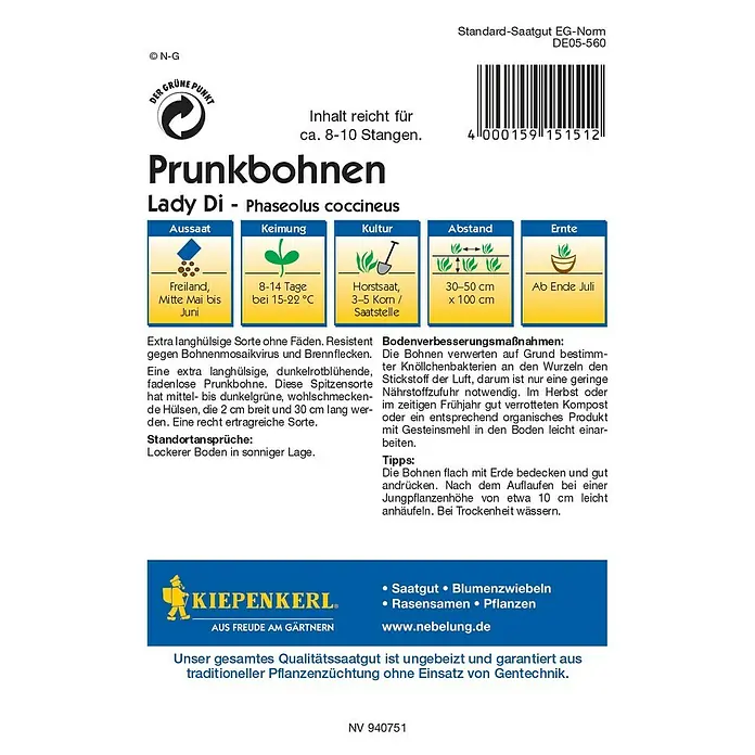 Kiepenkerl Profi-Line Gemüsesamen Prunkbohne - Lady Di, Phaseolus coccineus, Erntezeit: Juli - Abbildung einer Saatguttüte für Prunkbohnen Lady Di, eine ertragreiche Sorte für den Garten.