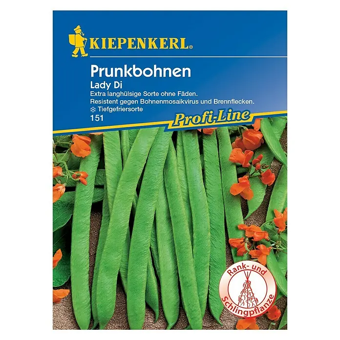 Kiepenkerl Profi-Line Gemüsesamen Prunkbohne - Lady Di, Phaseolus coccineus, Erntezeit: Juli - Abbildung einer 'Kiepenkerl'-Samenpackung für 'Prunkbohnen Lady Di', eine extra lange, fadenlose Sorte, resistent gegen Bohnenmosaikvirus.