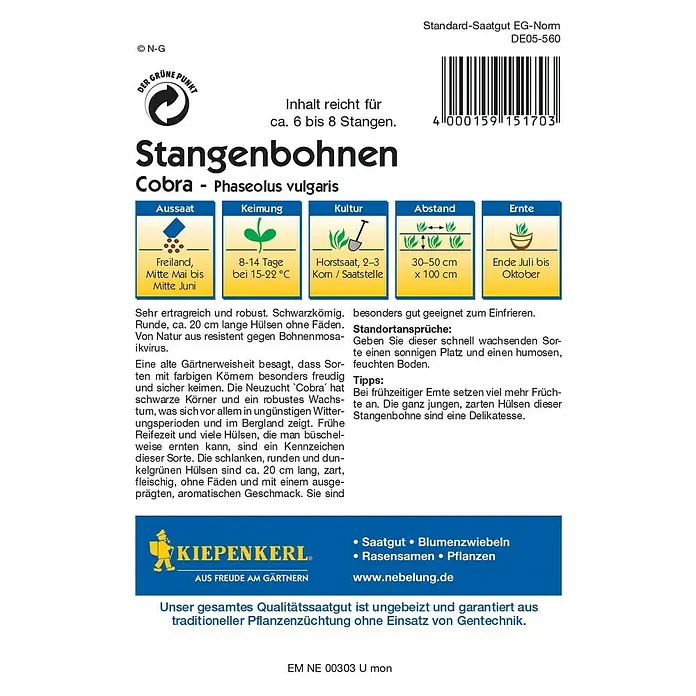 Kiepenkerl Profi-Line Gemüsesamen Stangenbohne - Cobra, Phaseolus vulgaris var. vulgaris, Erntezeit: Juli - Bild einer Packung Stangenbohnen "Cobra" (Phaseolus vulgaris) mit Aussaat-, Keimungs-, Kultur- und Erntehinweisen.