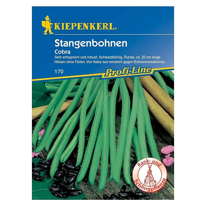 Kiepenkerl Profi-Line Gemüsesamen Stangenbohne - Cobra, Phaseolus vulgaris var. vulgaris, Erntezeit: Juli - Bild von Kiepenkerl Stangenbohnen Cobra Saatgutpackung. Die Packung zeigt grüne Bohnen, schwarze Bohnen und eine rote Schleife.