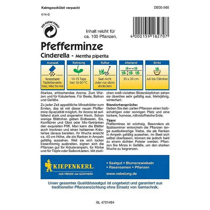 Kiepenkerl Profi-Line Kräutersamen Pfefferminze - Cinderella, Mentha piperita, Erntezeit: Juli - Bild einer Kiepenkerl-Samenpackung mit Pfefferminze 'Cinderella'. Inhalt reicht für ca. 100 Pflanzen, ideal für Garten und Balkon.