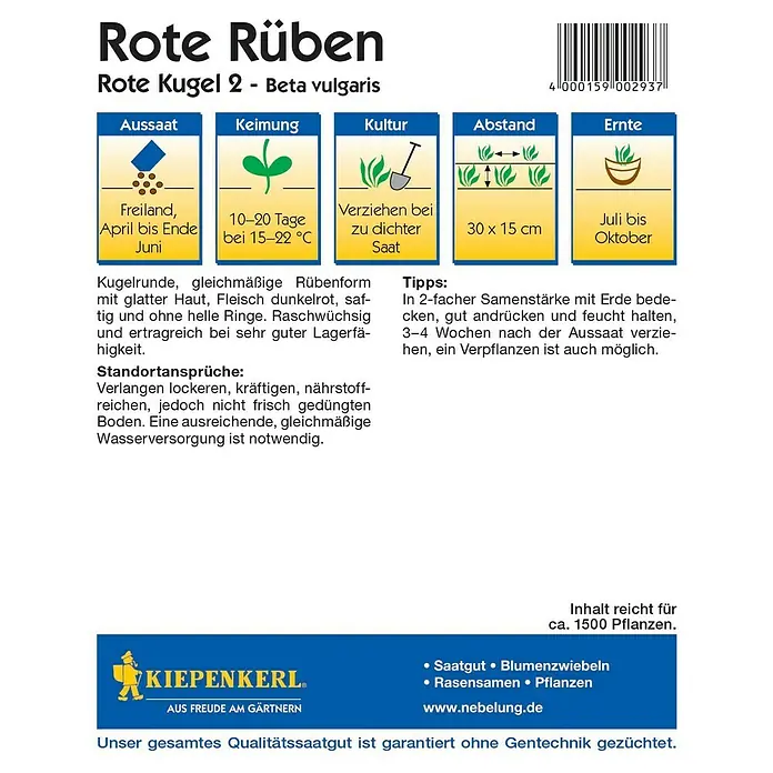 Kiepenkerl Gemüsesamen Rote Bete Rote Kugel - Beta vulgaris, Erntezeit: Juli - Bild einer Saatguttüte Rote Rüben Kugel 2 von Kiepenkerl, die Informationen zu Aussaat, Keimung, Kultur, Abstand und Ernte enthält.
