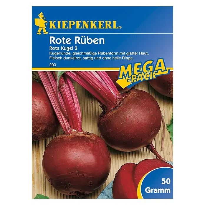 Kiepenkerl Gemüsesamen Rote Bete Rote Kugel - Beta vulgaris, Erntezeit: Juli - Abbildung der "Rote Rüben" Sorte "Rote Kugel 2" von Kiepenkerl, bekannt für ihre runden, glatten Rüben und ihr saftiges, dunkelrotes Fleisch.