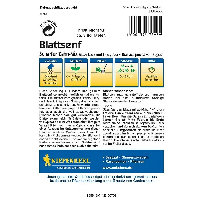 Kiepenkerl Profi-Line Salatsamen Blattsenf Scharfer Zahn - Brassica juncea var. rugosa, Erntezeit: April - Abbildung einer Saatguttüte für "Blattsenf Scharfer Zahn-Mix Frizzy Lizzy und Frizzy Joe" der Marke Kiepenkerl.