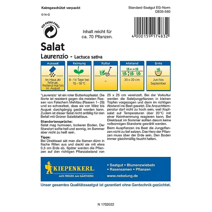 Kiepenkerl Profi-Line Salatsamen Laurenzio - Lactuca sativa var. capitata, Erntezeit: Juni - Abbildung der Salat-Samenpackung Laurenzio. Informationen zu Aussaat, Keimung, Pflege, Abstand und Erntezeit des Salats Lactuca sativa.