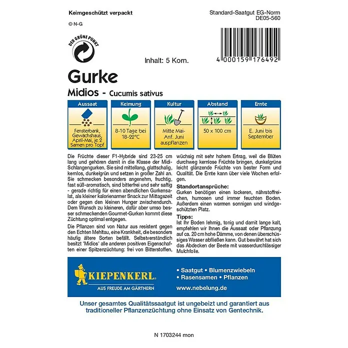 Kiepenkerl Profi-Line Gemüsesamen Schlangengurke - Cucumis sativus, Erntezeit: Juli - Bild einer Samenpackung für 'Midios'-Gurken, einer bitterfreien, resistenten Sorte.
