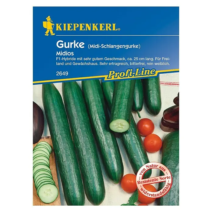 Kiepenkerl Profi-Line Gemüsesamen Schlangengurke - Cucumis sativus, Erntezeit: Juli - Abbildung der Samenpackung für "Kiepenkerl Midios Gurke", eine Midi-Schlangengurke, ideal für den Anbau im Freien und im Gewächshaus.