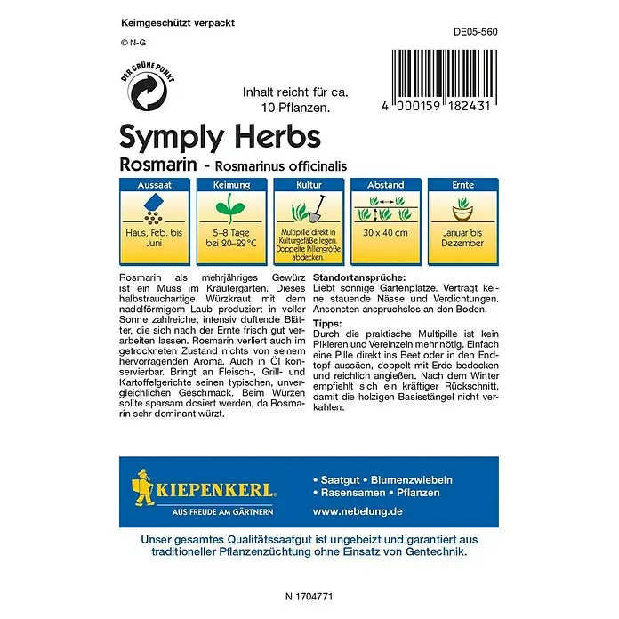 Kiepenkerl Profi-Line Kräutersamen Rosmarin - Simply Herbs, Rosmarinus officinalis, Erntezeit: Ganzjährig - Symply Herbs Rosmarin-Samenpackung. Rosmarin ist ein Muss für jeden Kräutergarten, pflegeleicht und aromatisch. Aussaat von Februar bis Juni.