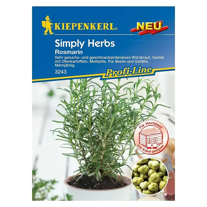 Kiepenkerl Profi-Line Kräutersamen Rosmarin - Simply Herbs, Rosmarinus officinalis, Erntezeit: Ganzjährig - Abbildung der Kiepenkerl Simply Herbs Rosmarin-Samenpackung, ideal für Hochbeete und Kübel.