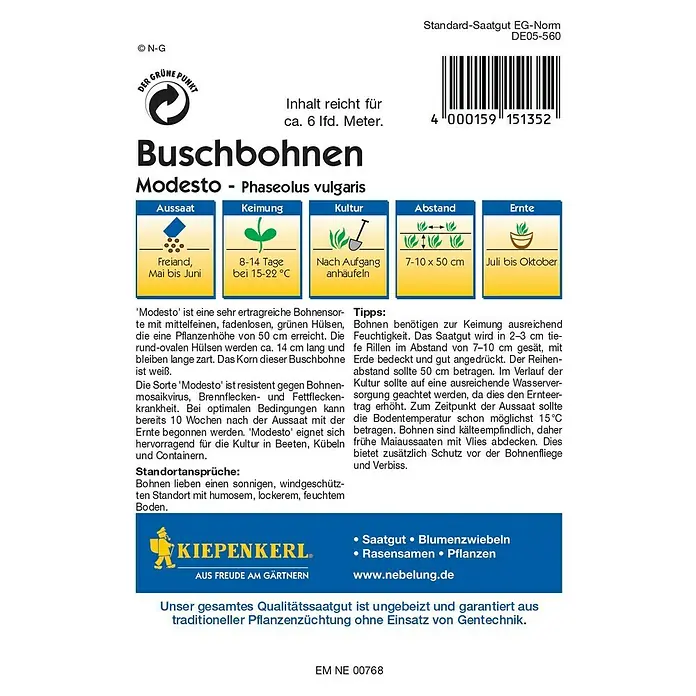 Kiepenkerl Gemüsesamen Buschbohne - Modesto, Phaseolus vulgaris, Erntezeit: Juli - Abbildung der Buschbohnen 'Modesto' Samenpackung mit Anweisungen zu Aussaat, Keimung, Pflege, Abstand und Ernte.