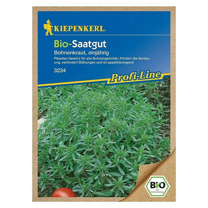Kiepenkerl Profi-Line Gemüsesamen Bohnenkraut Cyrano - Satureja hortensis, Erntezeit: Ganzjährig - Abbildung einer Kiepenkerl Bio-Saatgut-Packung für Bohnenkraut, einjährig, ein würziges Kraut, das ideal zu Bohnengerichten passt.