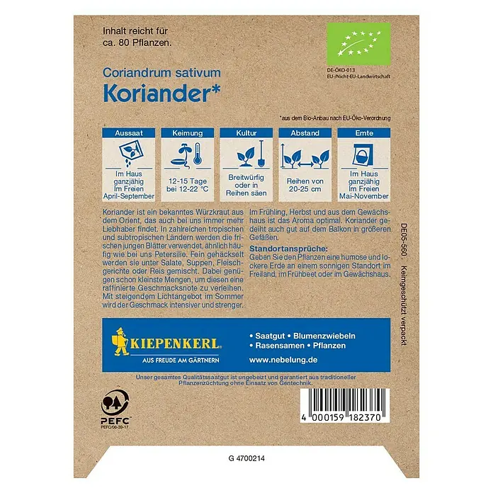Kiepenkerl Profi-Line Kräutersamen Bio Koriander - Coriandrum sativum, Saatzeit: April, Erntezeit: Mai - Abbildung der Koriandersamenpackung von Kiepenkerl.